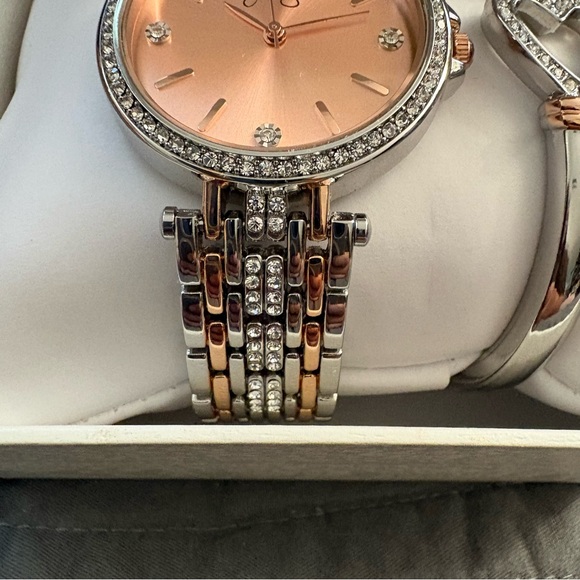 Jessica Simpson Watch Silver & Rose Gold Tone Key Heart Bangle Bracelet Set NEW